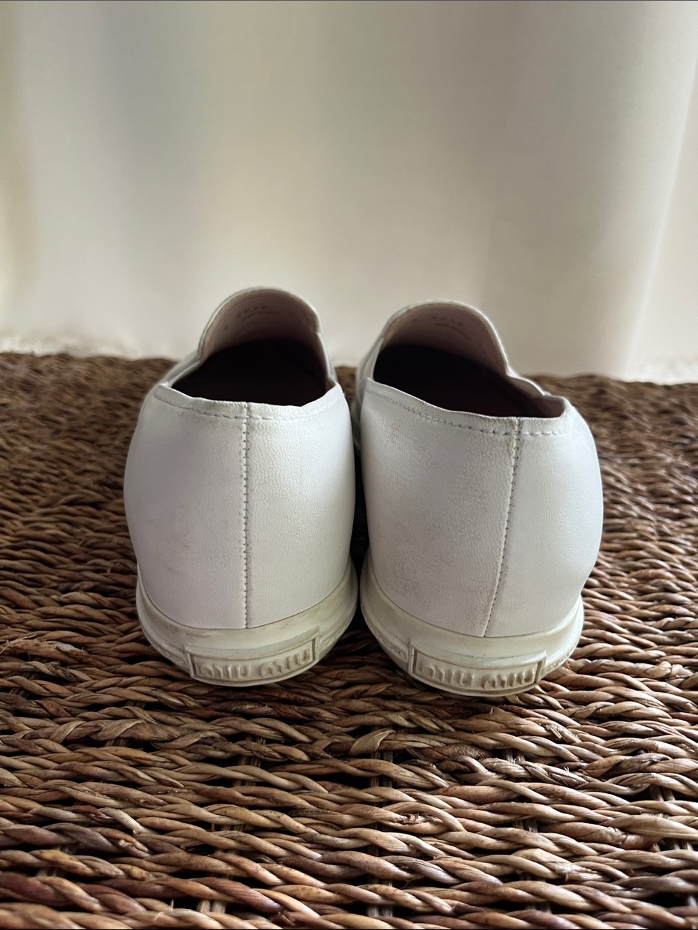 Women’s Miu Miu White/Cream Leather Slip-Ons with Silver Cap Toes - Picture 9 of 13